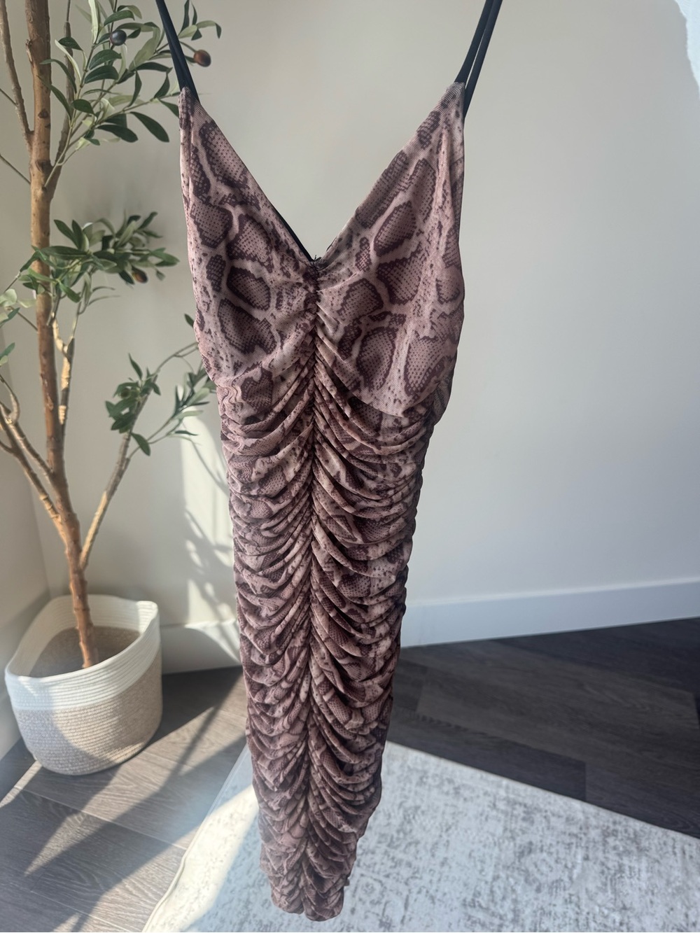 Revamped Taupe Snake-Print Ruched Slip Midi Dress